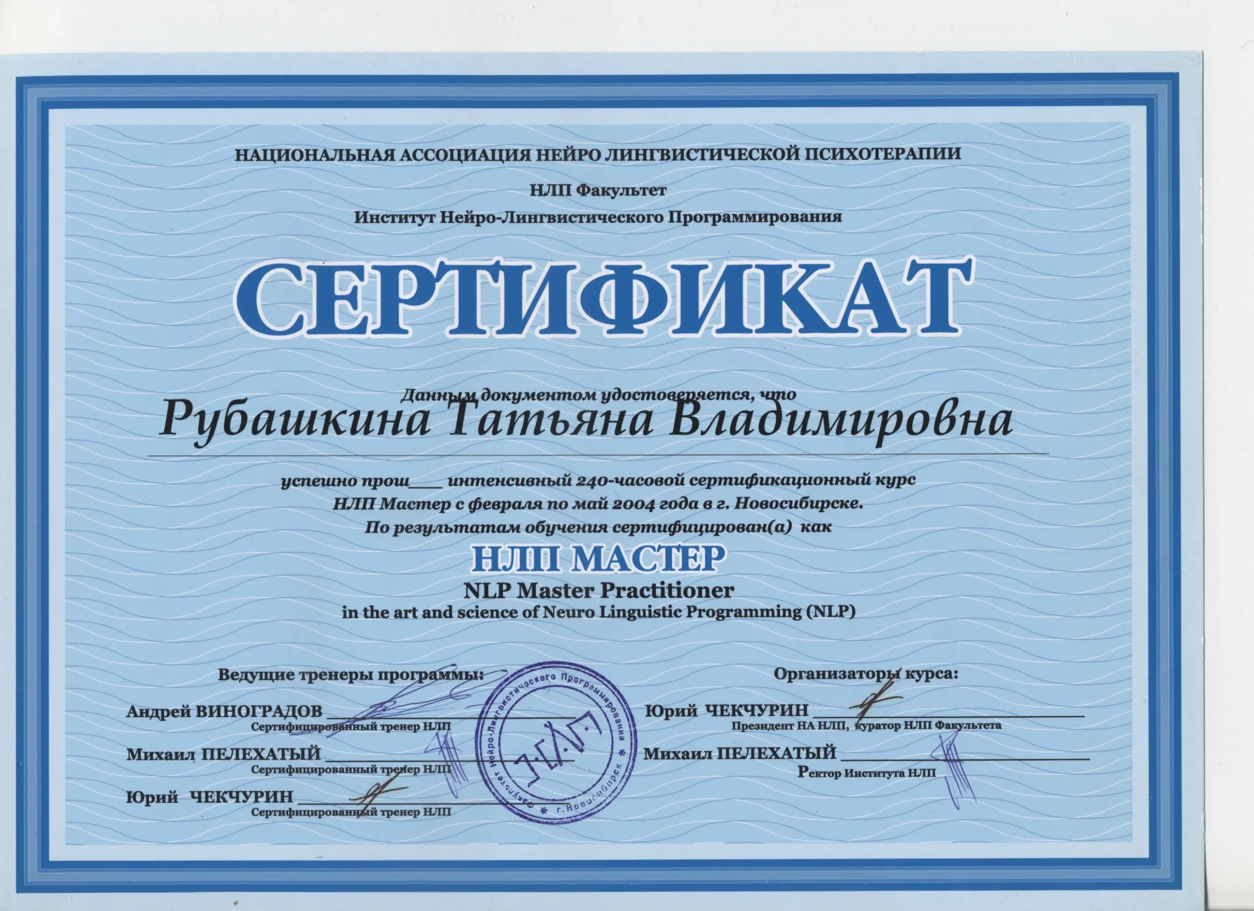 Сертификат тренера нлп мастер
